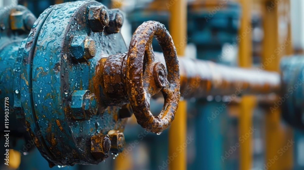 Close-up view of a rusted industrial valve with droplets on a weathered metallic surface of a pipeline Close-up view of a rusted industrial valve with droplets on a weathered metallic surface of a pipeline