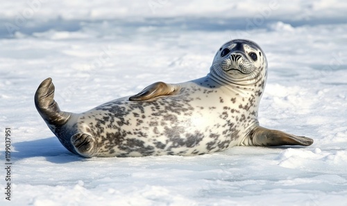 Adult weddell seal sunbathing on frozen surface of the ocean, aquatic life, conservation, snowcapped, Arctic Circle photo