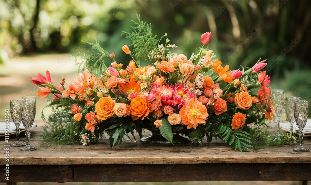 Fototapeta premium Bright orange flowers on a rustic wooden table create a lively natural display