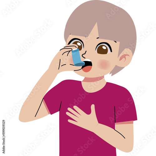 Boy treating asthma with inhaler