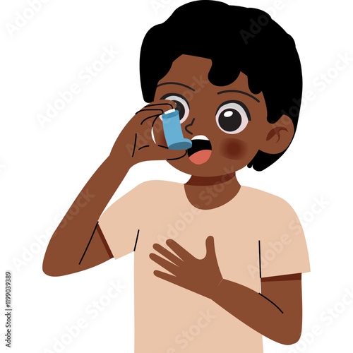 Boy treating asthma with inhaler