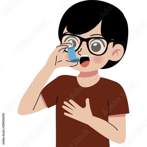 Boy treating asthma with inhaler