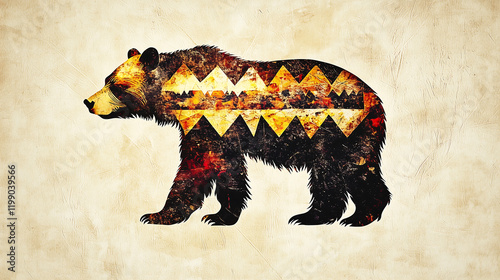 tribal inspired bear design featuring bold colors and geometric patterns, symbolizing strength and nature beauty. This artwork captures unique artistic expression photo