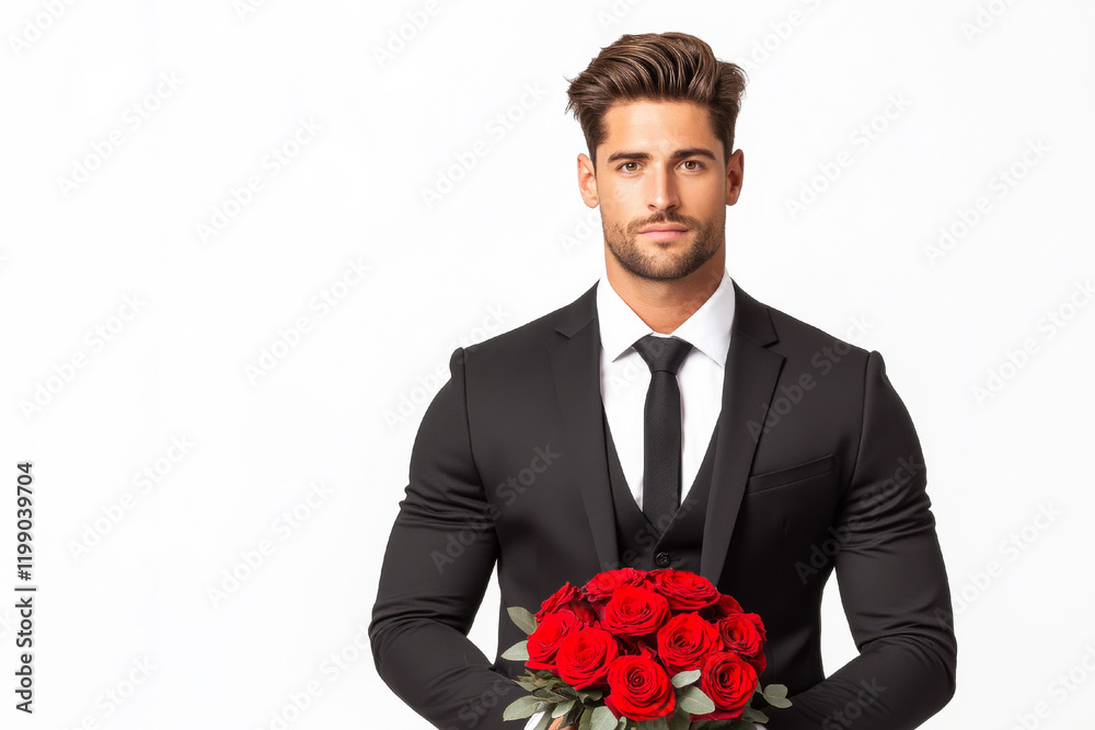 Elegant Handsome man holding red roses bouquet on white background, preparing for romantic date or valentine's day Elegant Handsome man holding red roses bouquet on white background, preparing for romantic date or valentine's day