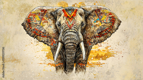 tribal inspired elephant design featuring bold patterns and vibrant colors, showcasing intricate details and artistic flair. This artwork captures essence of wildlife and culture photo