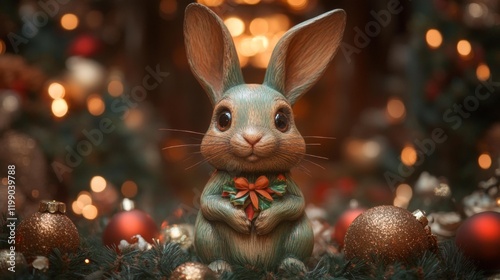 Green Wooden Rabbit with Holiday Ornaments. Generative AI photo