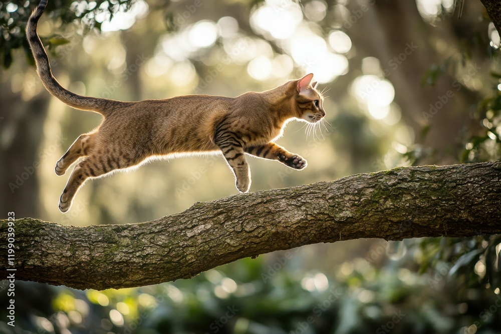 Obraz premium Vibrant Abyssinian cat leaping in nature with soft lighting
