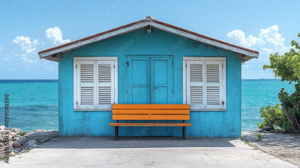 Vibrant blue beach house with orange bench overlooking serene sea under a clear sky, perfect for relaxation Vibrant blue beach house with orange bench overlooking serene sea under a clear sky, perfect for relaxation