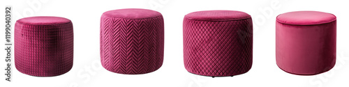 Luxurious velvet pouf ottomans in various burgundy and magenta shades arranged in a stylish display for modern home decor and interior design  The plush