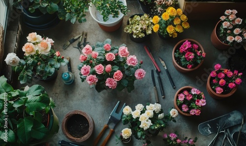 Fototapeta Naklejka Na Ścianę i Meble -  An overhead shot of spring gardening, with mini roses and primroses in pots ready for planting, surrounded by garden tools on a table, illustrating a woman's passion for cultivating houseplants