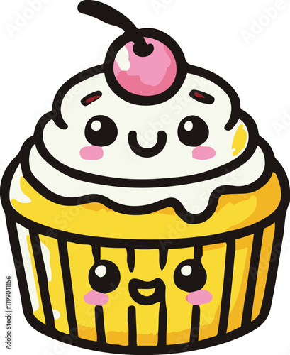 Adorable cute cartoon food stickers, an ice cream cup and cone with a face, a cheerful cupcake