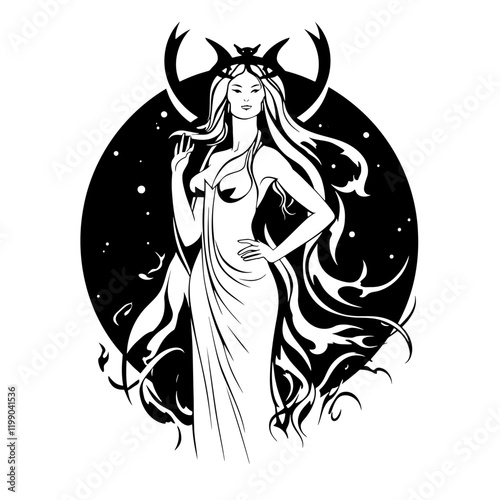 Lilith – A Stunning and Symbolic Representation of the Mythological Figure. Perfect for Spiritual Art, Esoteric Decor, Tattoos, Posters. Feminine Power, Mystery, and Independence