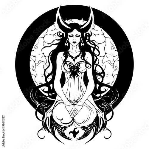 Lilith – A Stunning and Symbolic Representation of the Mythological Figure. Perfect for Spiritual Art, Esoteric Decor, Tattoos, Posters. Feminine Power, Mystery, and Independence