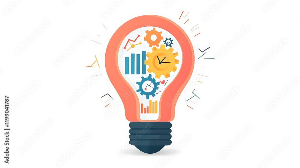 Business idea lightbulb, gears, charts, time. Business idea lightbulb, gears, charts, time.