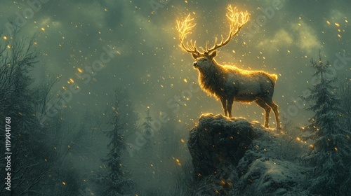Majestic Glowing Stag in a Snowy Enchanted Forest. Generative AI photo