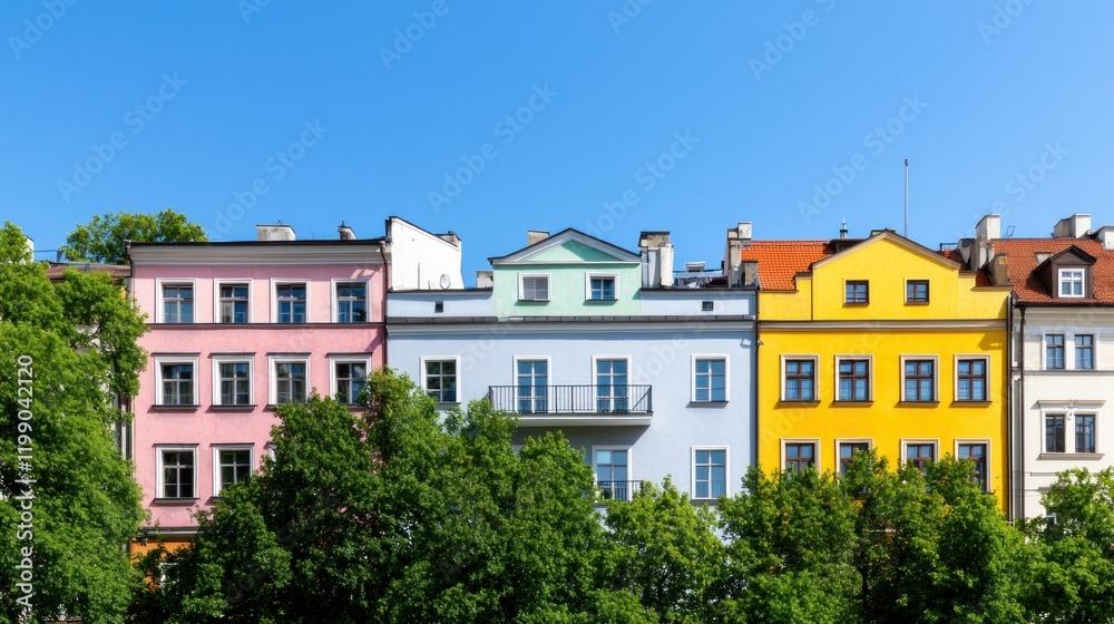 Fototapeta premium Colorful Houses and Green Trees