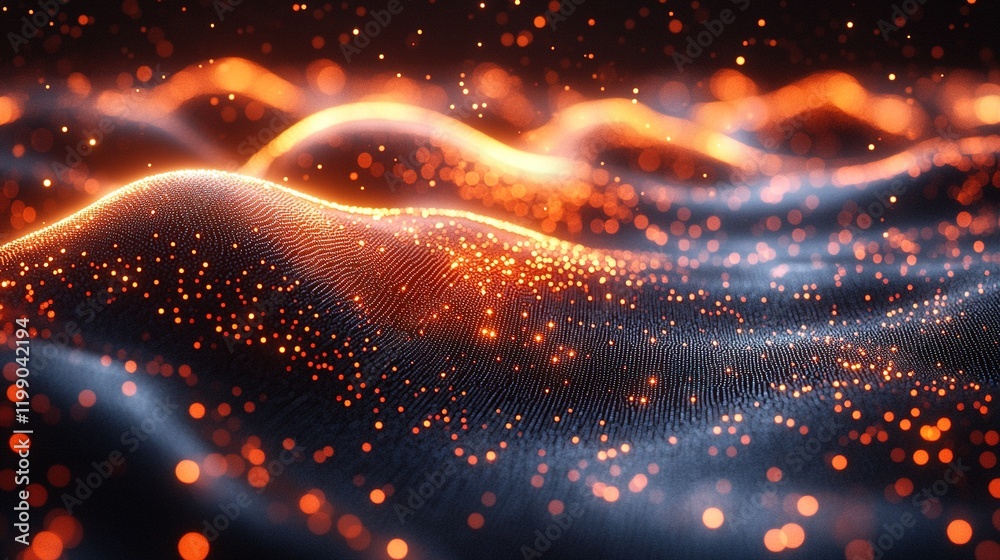 Glowing particle waves on dark background, digital art (1) Glowing particle waves on dark background, digital art (1)