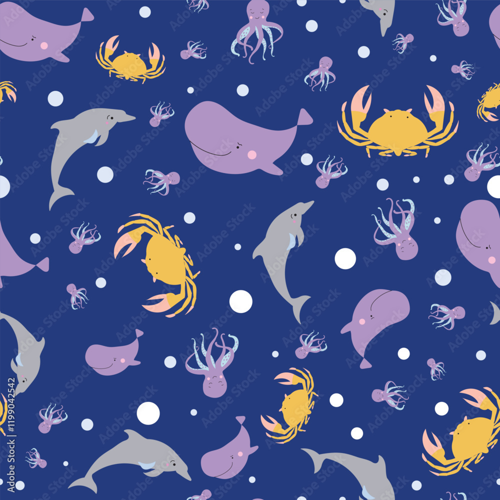 Obraz premium Sealife Cute Animals Vector Seamless Pattern
