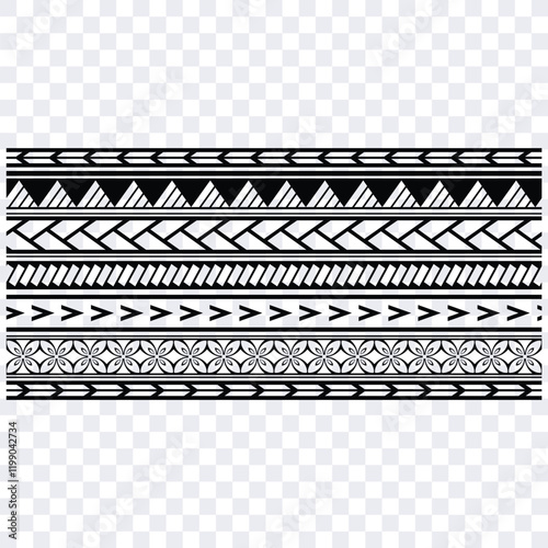 Polynesian design tribal tattoo border. Tribal design ethnic maori band. Tattoo ribbon sleeve bracelet. Fabric seamless isolated hawaiian pattern on white background.