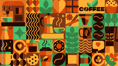 Coffee Pattern with Icons and Abstract Symbols, Beans, Cups, and More in Geometric Vector Art Design