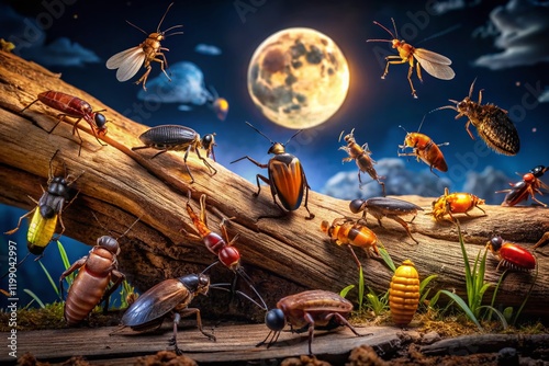 Night Photography: Wood-Boring Insects Feasting on Decaying Log photo