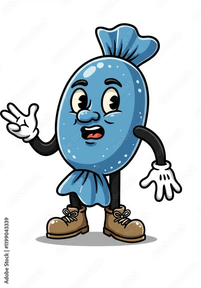 Playful blue candy character with expressive face and boots Playful blue candy character with expressive face and boots