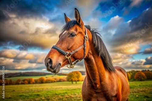 Brown Horse Stud Portrait, Rule of Thirds, Meadow, Autumn photo