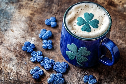 Blue mug with shamrock coffee art for St. Patrick's Day