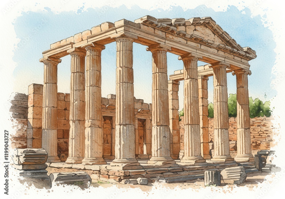 Fototapeta premium Ancient greek temple ruins in watercolor style with historic columns and weathered stone
