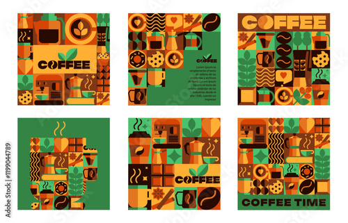 Coffee square banners with seamless patterns, Icons, Abstract Symbols, logo in Geometric Design