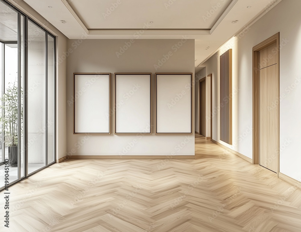 Fototapeta premium Modern interior with wooden frames and light wood flooring.