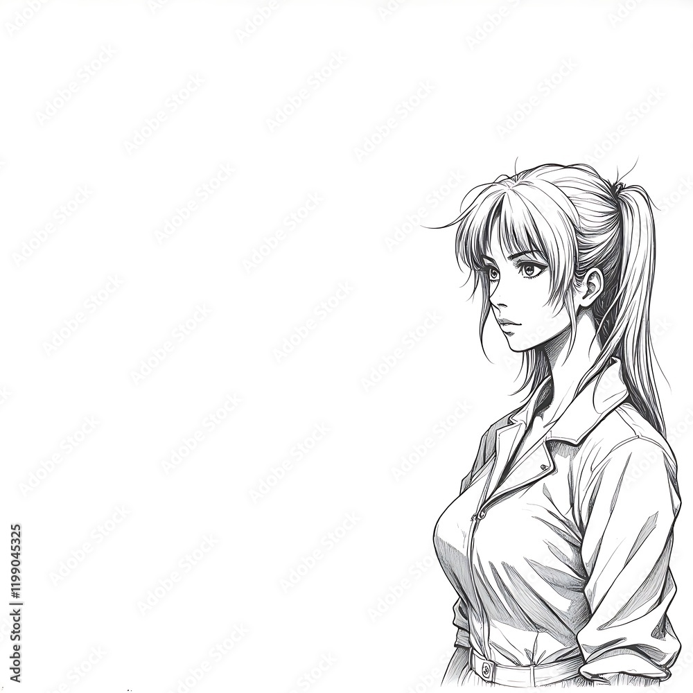 Confident Woman Sketch This detailed, black and white sketch of a confident-looking woman provides a versatile visual asset. Its clean lines and strong character make it ideal for use in graphic