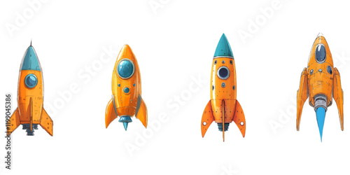 Cartoon rocket, orange with blue top and red bottom, flying up, clip art style, white background