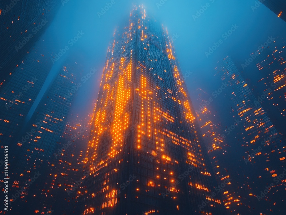 Fototapeta premium Glowing skyscraper in foggy city at night