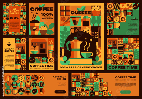 Banners and posters, flyers, cards of Coffee with seamless patterns, Icons, Abstract Symbols 