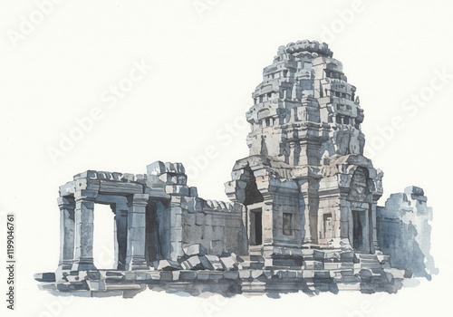 Ancient ruins watercolor: detailed architectural sketch of historic stone temple photo