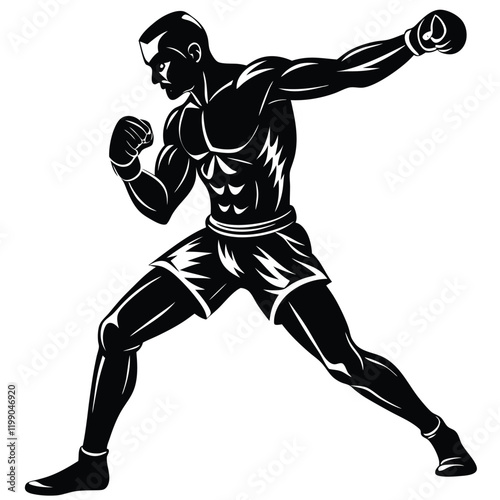 minimalistic vector silhouette of a boxer in a dynamic fighting stance 