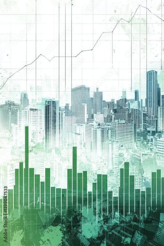 Obraz premium Background of a stock market bar graph, with a cityscape at the back in a white and green color scheme