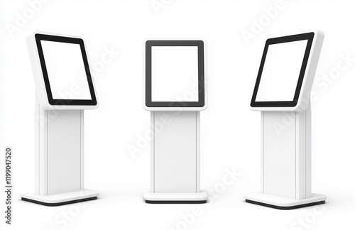 Three digital kiosk stands, blank screens, white background, varied angles.