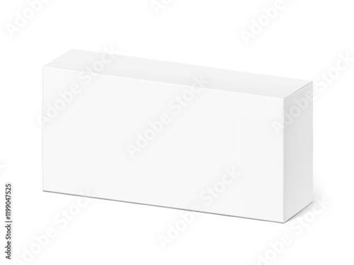 Realistic white closed paperboard box mockup. Vector illustration isolated on white background. Taking your 2D designs into 3D. Can be use for medicine, food, cosmetic and other. EPS10.