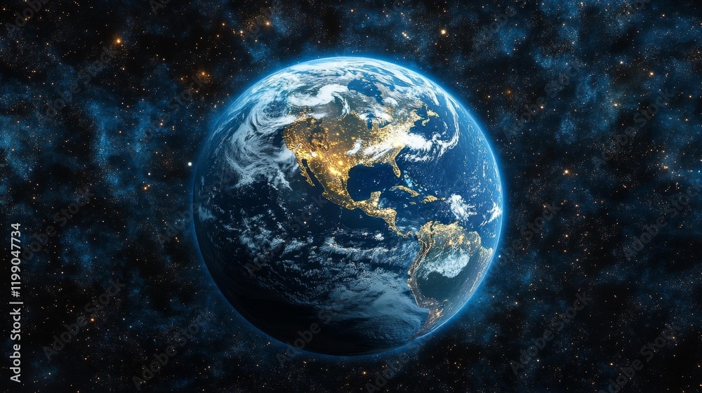 Fototapeta premium Nighttime view of Earth with city lights and cosmic stars. Generative AI