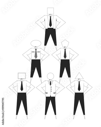 Geometric representation of corporate hierarchy black and white 2D illustration concept. Organization. Abstract figures in business attire outline characters isolated. Metaphor monochrome vector art