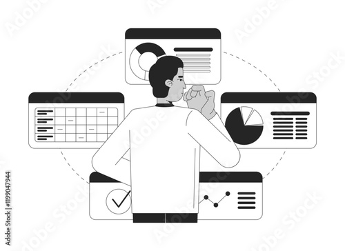 Analyzing data insights for decision making black and white 2D illustration concept. Dashboards reviewing. Business man working on projects outline character isolated. Metaphor monochrome vector art
