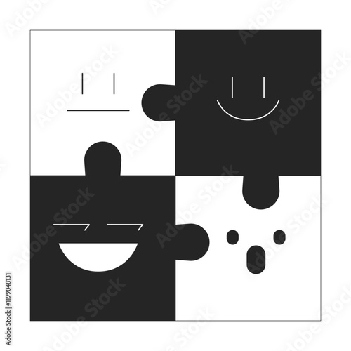 Effective team dynamic black and white 2D illustration concept. Cooperation coworkers puzzles jigsaw. Fitting employees personalities outline composition isolated. Metaphor monochrome vector art