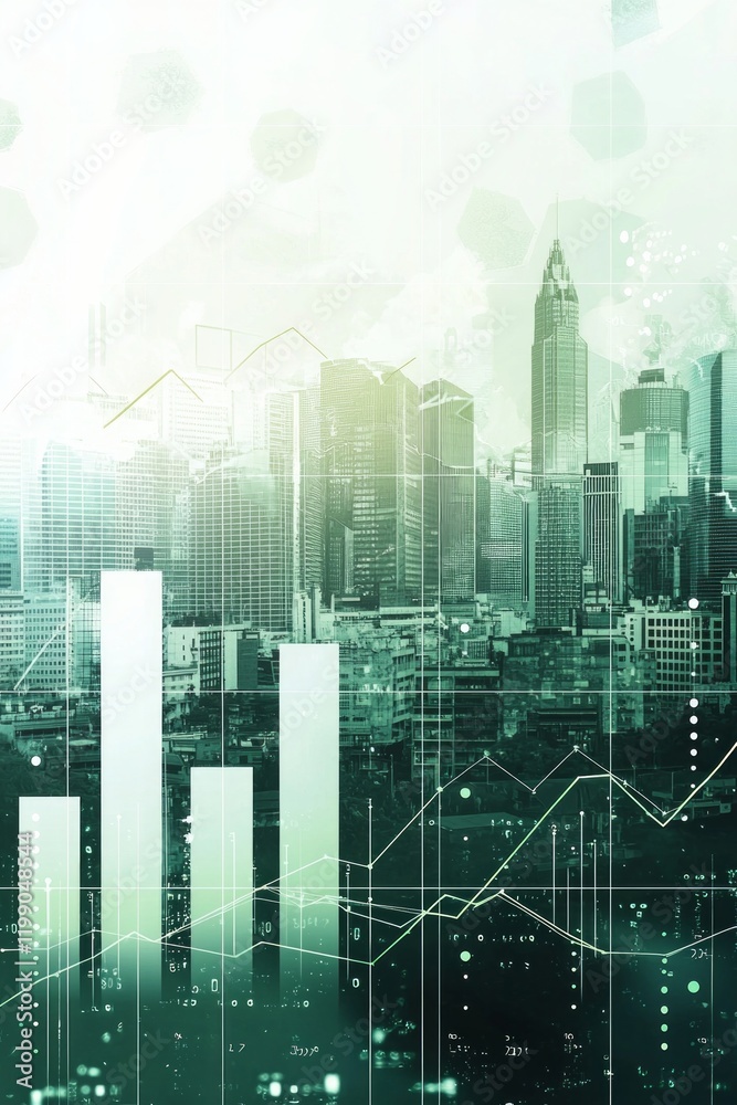 Background of a stock market bar graph, with a cityscape at the back in a white and green color scheme Background of a stock market bar graph, with a cityscape at the back in a white and green color scheme