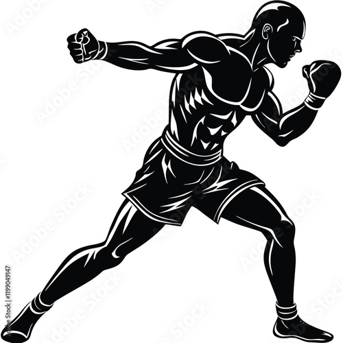 minimalistic vector silhouette of a boxer in a dynamic fighting stance 
