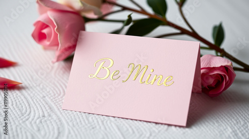 Fine art photograph  Valentine's Day card with gold-foil embossed heart and cursive 'Be Mine'. 