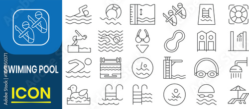 Set of Swimming Pool icon. Swim, dive, champion, sports, river, pool, bikini, volleyball, summer, beach, goggles. Swimming sport icon for fitness applications vector illustration.