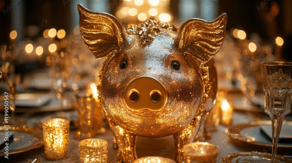 Fototapeta premium Golden Pig Ornament in an Elegant Banquet Setting. Generative AI