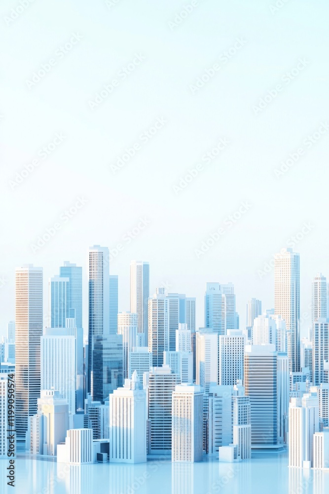 White background, light blue gradient city skyline, in a minimalist design, 3d rendered style White background, light blue gradient city skyline, in a minimalist design, 3d rendered style